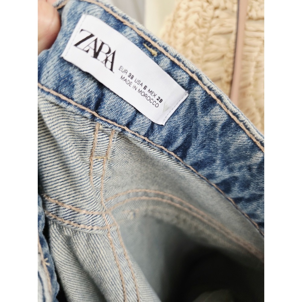 Zara Baggy Cargo Wide Leg Jeans Women Sz 6 28 Blue Distressed High Rise 30x31 - Picture 7 of 7